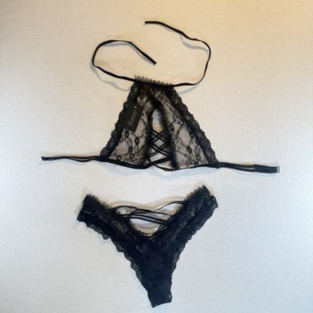 Frederick's Of Hollywood Lingerie Lace Black 2-Piece Halter Top Panties Set